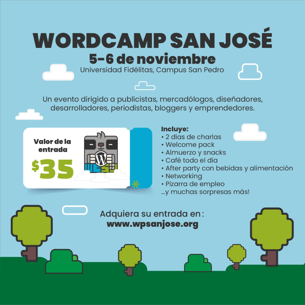 Banner promocional con el precio de la entrada al WordCamp San José 2022: $35