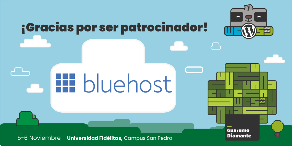 Banner agradecimiento a Bluehost patrocinador Guarumo Diamante del WordCamp San José 2022