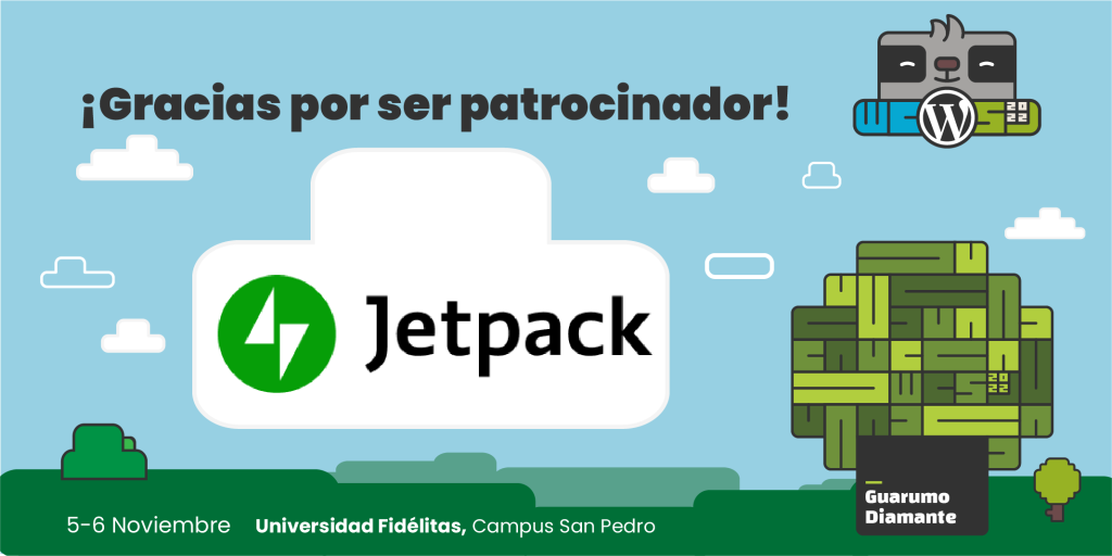 Banner de agradecimiento a Jetpack, patrocinador Guarumo Diamante del WordCamp San José