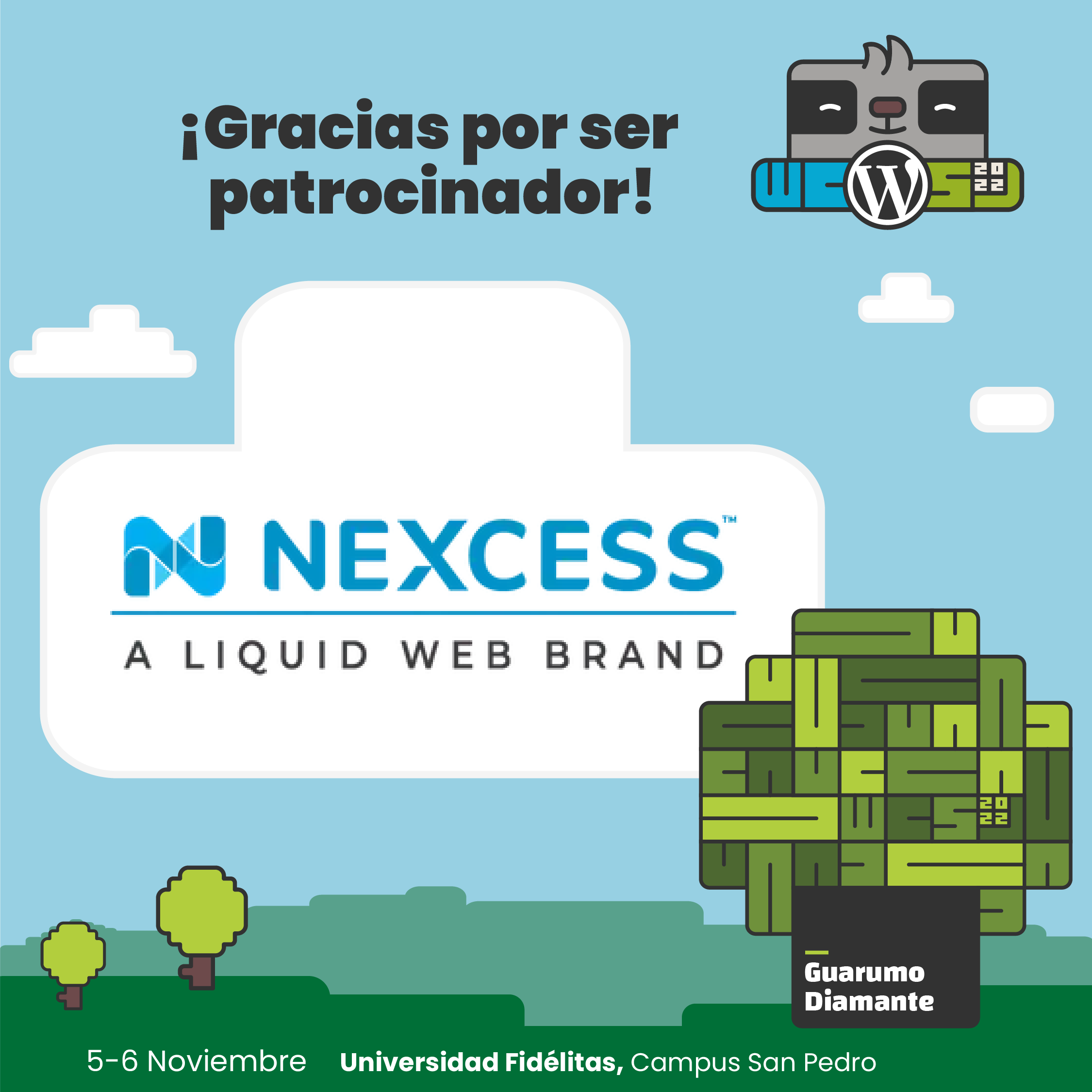 Banner de agradecimiento a Nexcess, Patrocinador Guarumo Diamante del WordCamp San José 2022